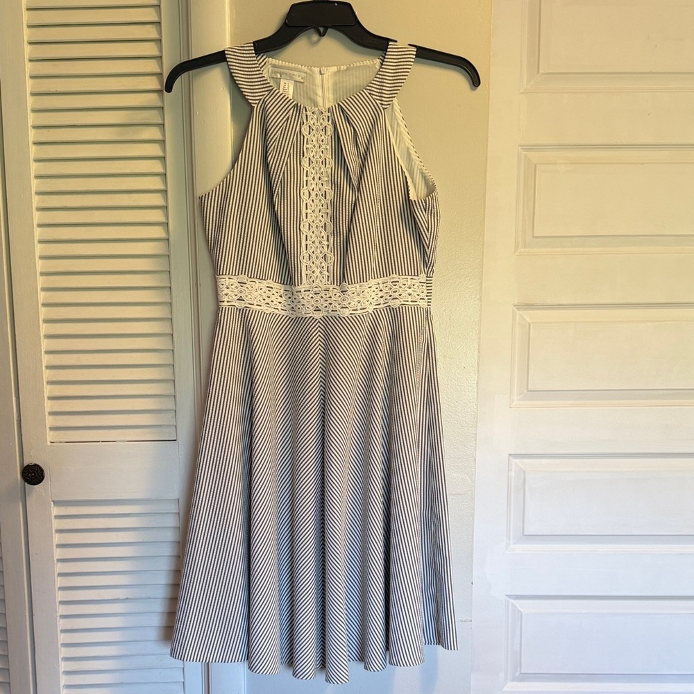 London Times Navy and White Striped Midi Dress
